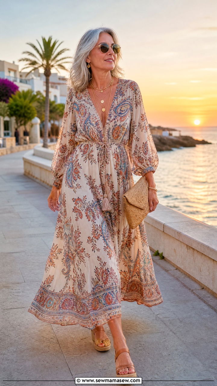 Boho Maxi Dress With Wedge Sandals - 35 Going out outfit ideas women over 50