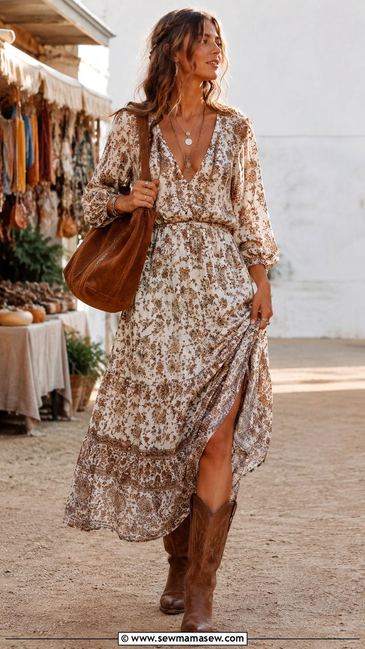 Boho Maxi Dress With Western Boots - 30 How to style cowboy boots in summer