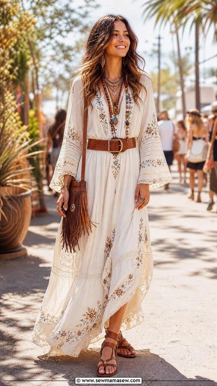 Boho Maxi Dress With Wide Leather Belt And Flat Sandals - 30 Maxi dress with a belt outfit ideas