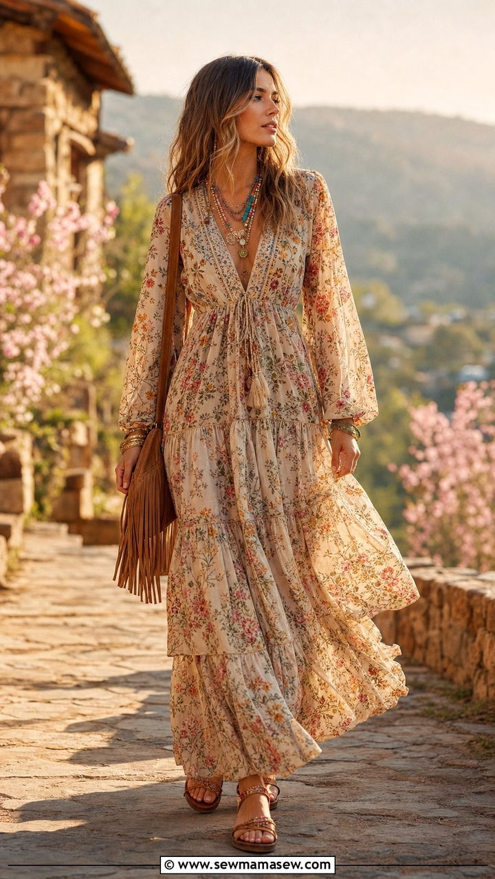 Boho Maxi Dress With Woven Sandals and Layered Jewelry - 35 April outfits for women