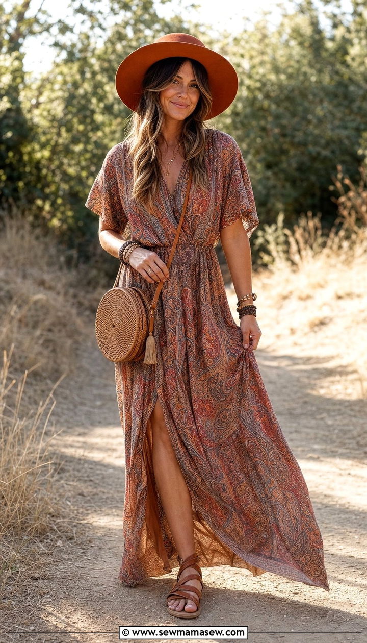 Boho Maxi Dress With a Wide Brim Hat and Woven Bag - 25 Cool aunt outfit ideas