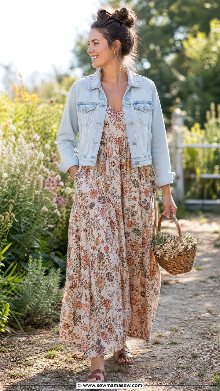Boho Maxi Dress and Cropped Denim Jacket - 30 Outfit ideas for stay at home moms
