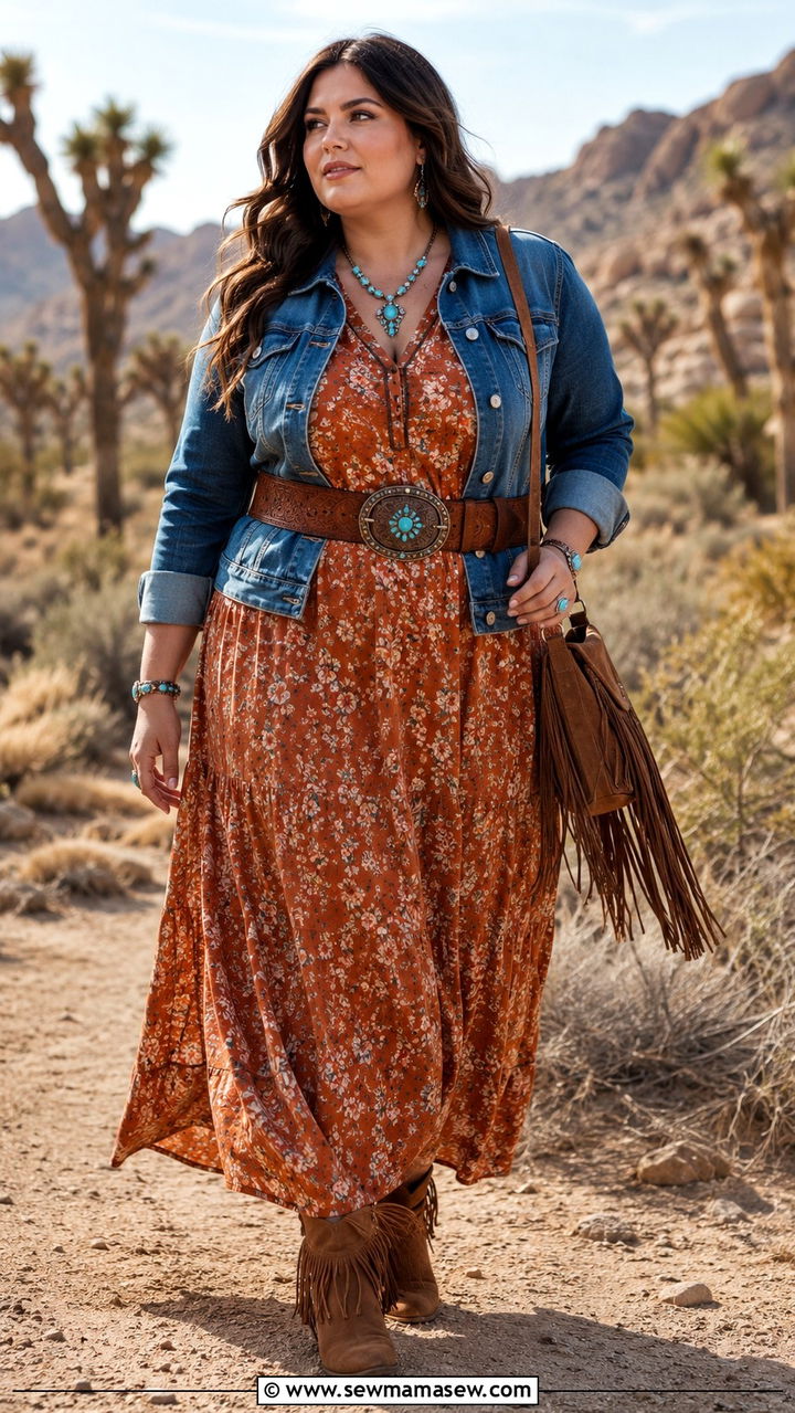 Boho Maxi Dress and Denim Jacket - 25 Plus size outfit ideas western