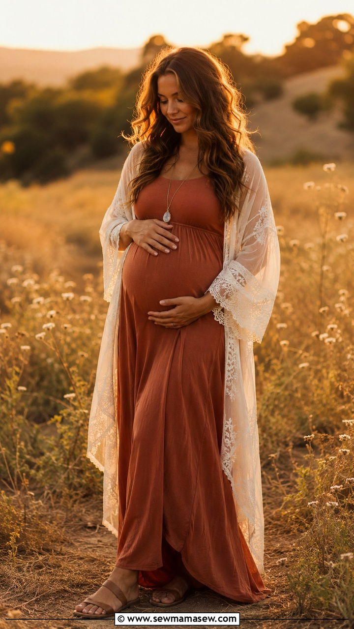 Boho Maxi Dress and Kimono Outfit - 20 Maternity outfit ideas second trimester