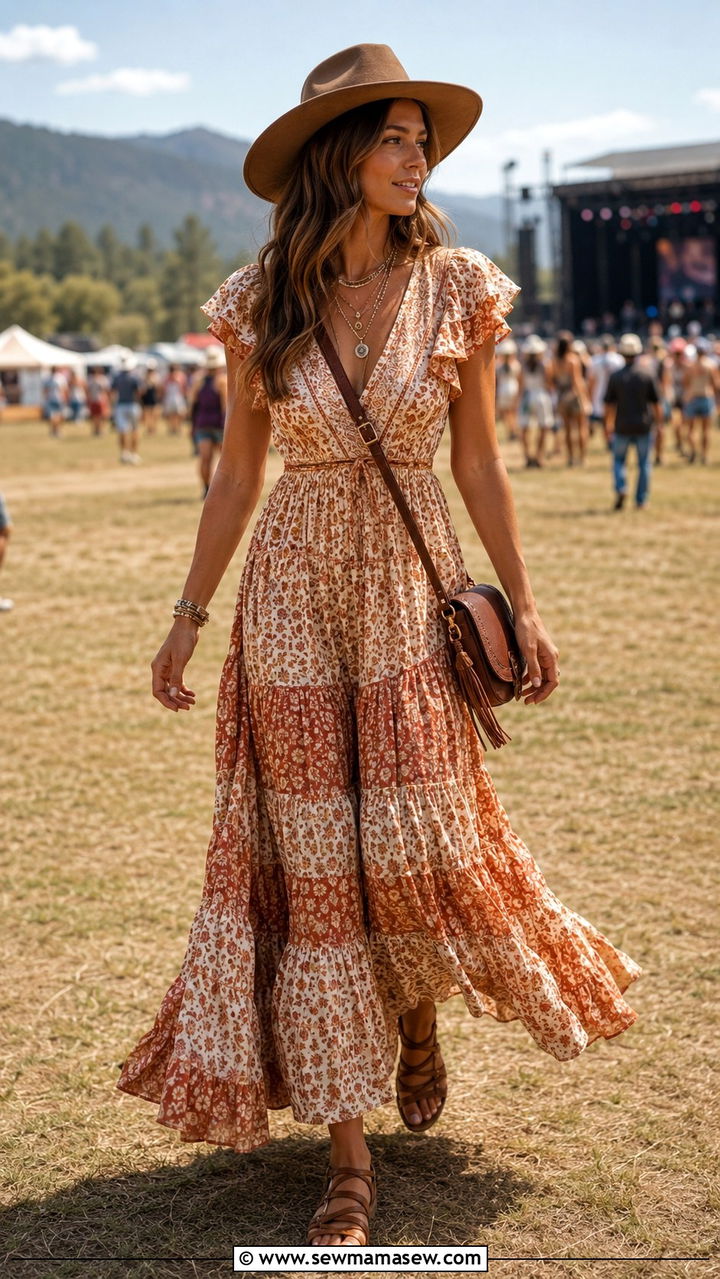 Boho Maxi Dress and Western Hat - 30 casual country concert outfits