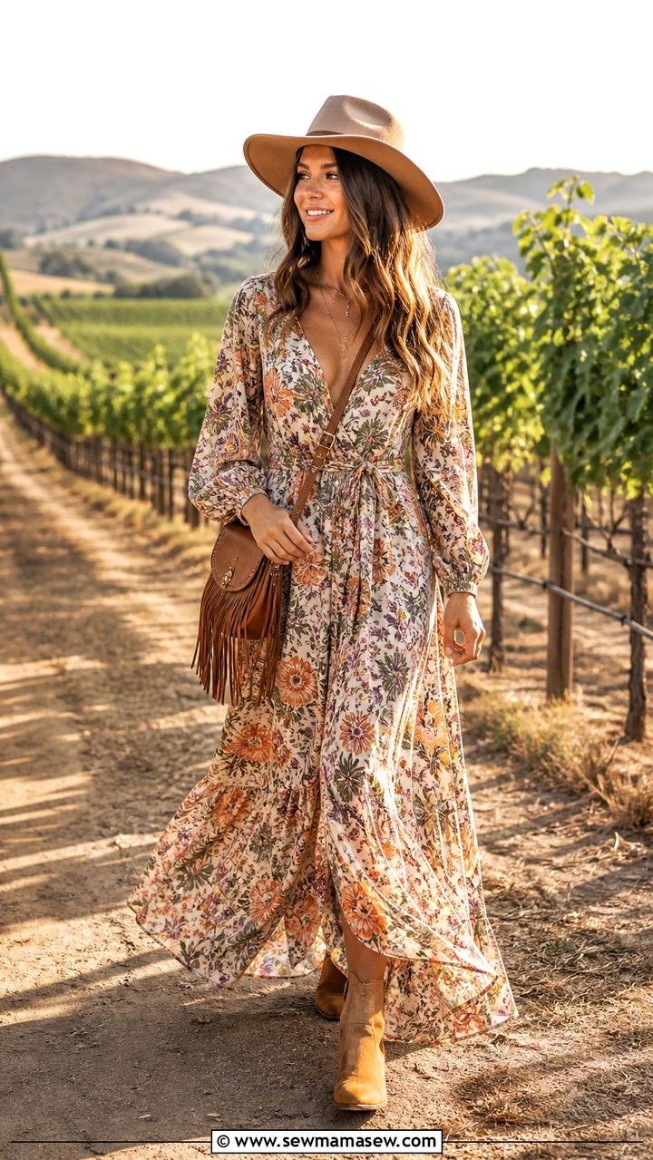Boho Maxi Dress with Cowboy Hat and Fringe Crossbody Bag - 40 Western outfit ideas