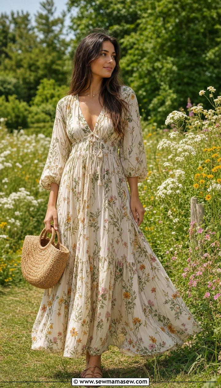 Boho Maxi Dress with Flat Sandals - 25 spring to summer outfits Pinterest