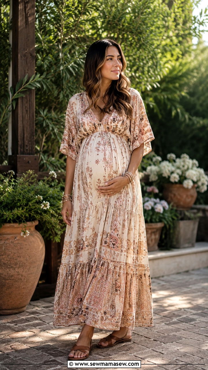 Boho Maxi Dress with Flat Sandals - 30 classy baby shower outfit ideas