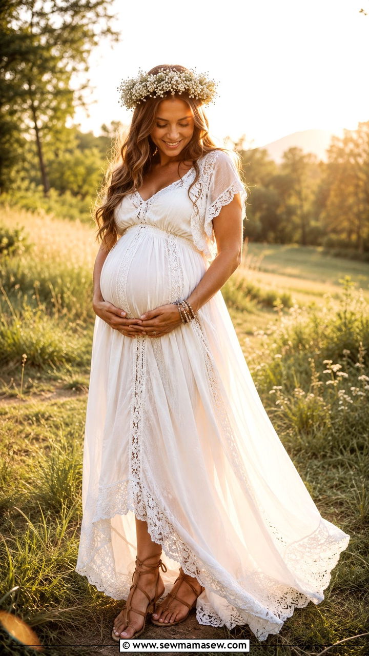 Boho Maxi Dress with Floral Crown Pregnancy Announcement Outfit - 20 Pregnancy announcement photo outfit ideas