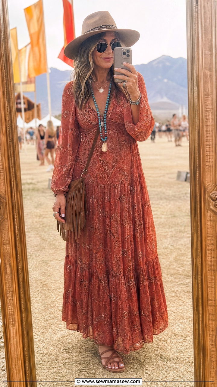Boho Maxi Dress with Fringe Crossbody Bag Festival Outfit - 30 music festival outfits for women over 40