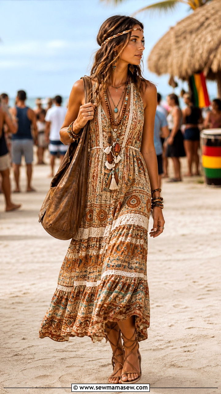 Boho Maxi Dress with Gladiator Sandals - 40 Jamaica vacation outfit ideas