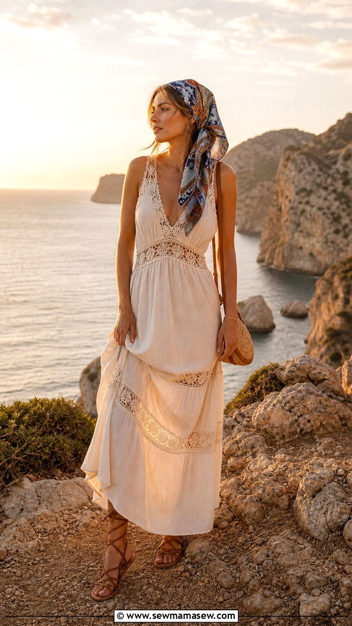 Boho Maxi Dress with Gladiator Sandals and Headscarf - 40 Europe travel outfits