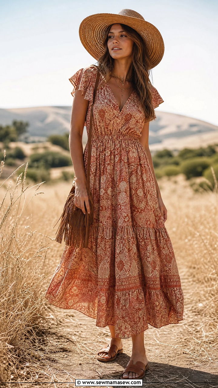 Boho Maxi Dress with Hat and Sandals - 30 Maxi dress outfit ideas for summer