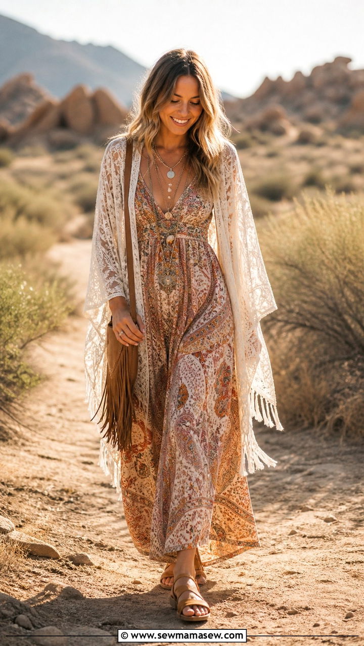 Boho Maxi Dress with Kimono and Sandals - 40 Wedding guest outfit ideas