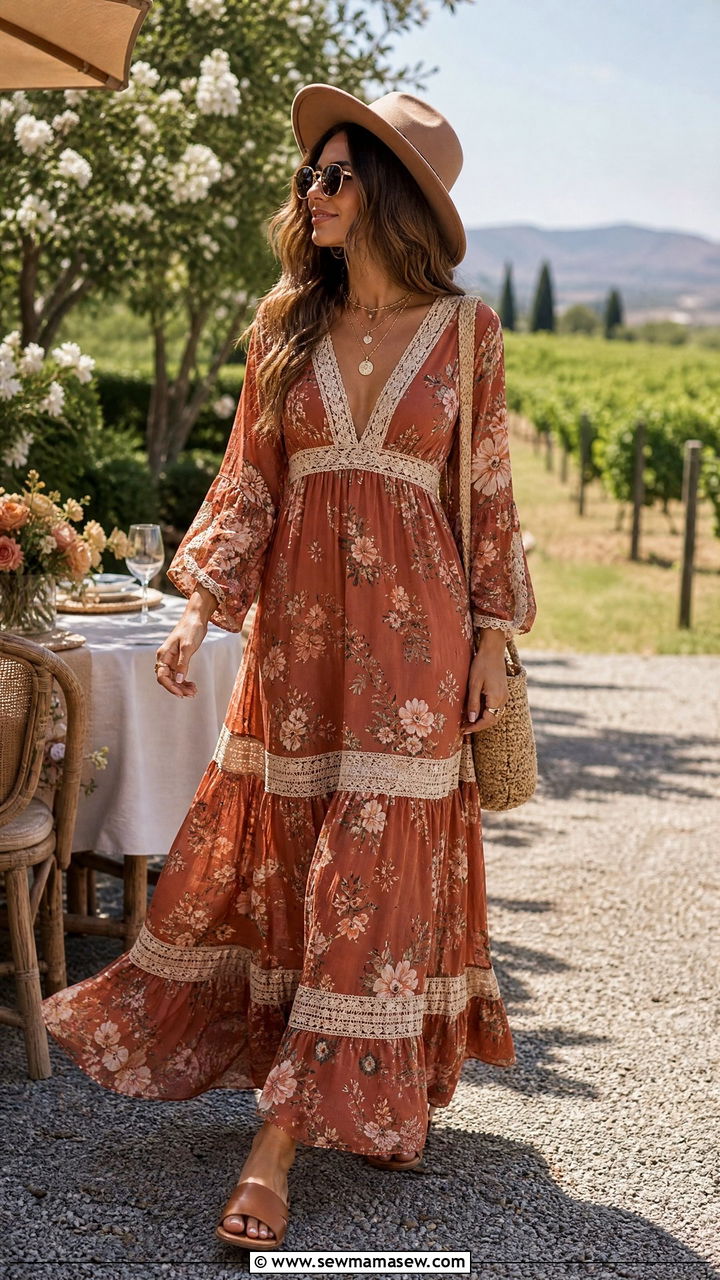 Boho Maxi Dress with Layered Gold Jewelry - 30 Girls brunch outfit ideas