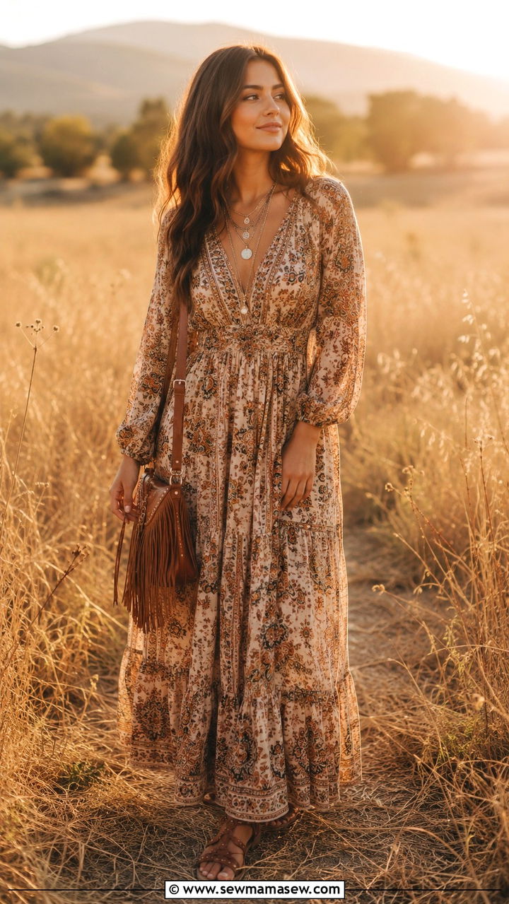 Boho Maxi Dress with Layered Jewelry for Photoshoot - 25 Photoshoot outfits for midsize women