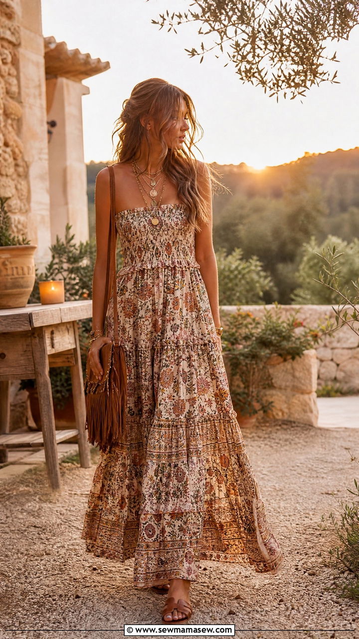 Boho Maxi Dress with Leather Sandals and Necklaces - 30 Ibiza outfit ideas