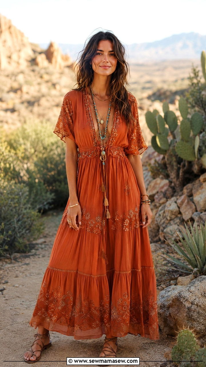Boho Maxi Dress with Leather Sandals - 30 Micro wedding guest outfits