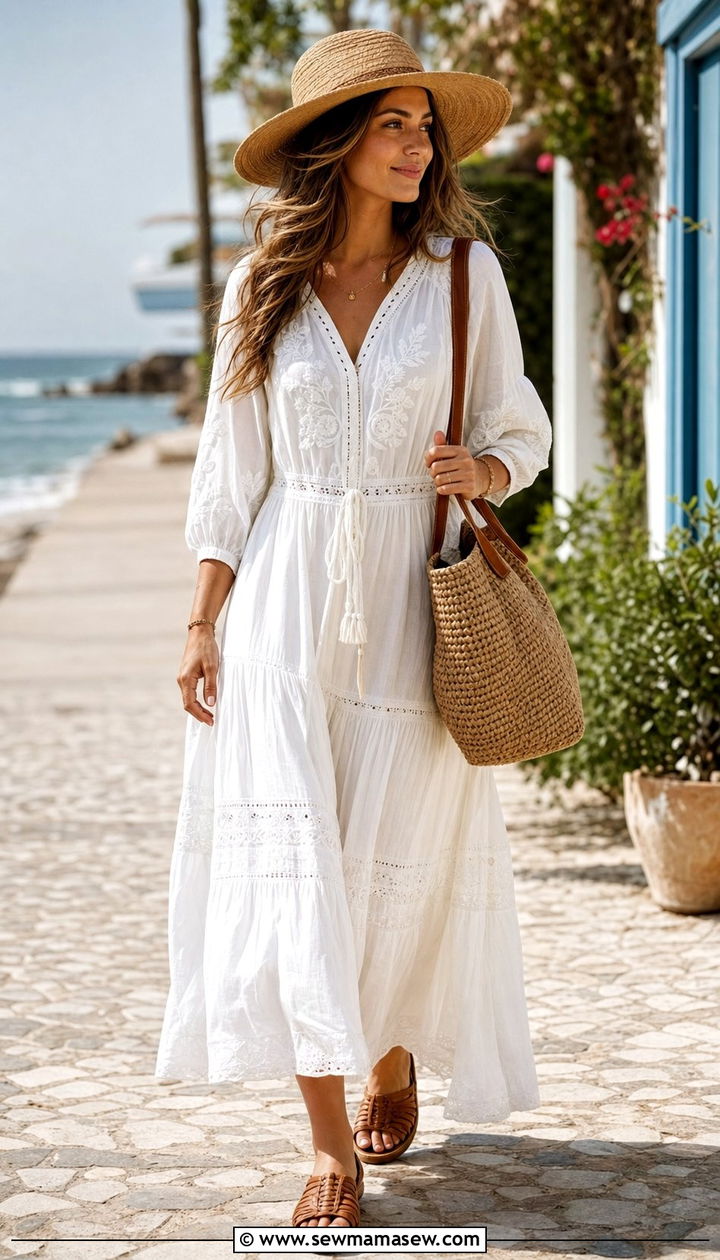 Boho Maxi Dress with Straw Hat and Flat Huarache Sandals - 35 casual boho outfits