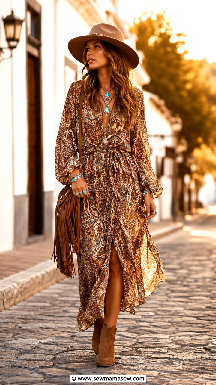 Boho Maxi Dress with Suede Ankle Boots and Fringe Bag - 30 Luke Combs concert outfit ideas