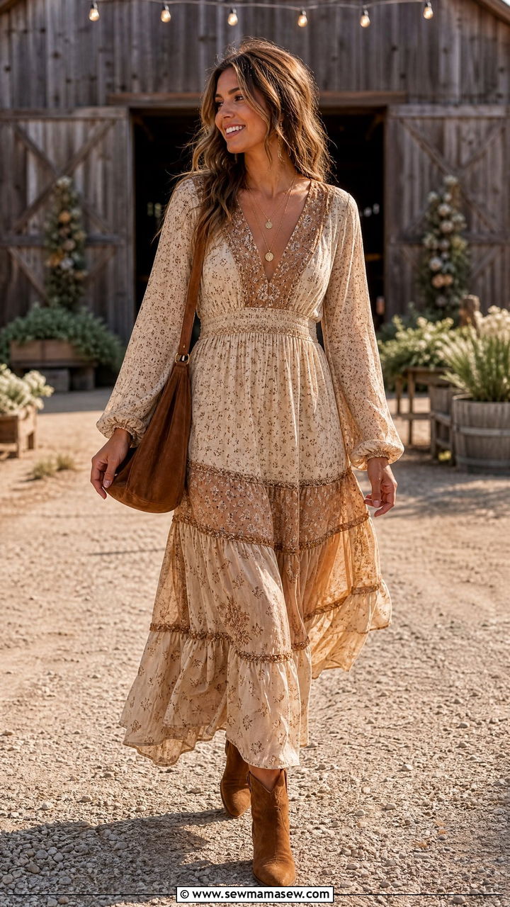 Boho Maxi Dress with Suede Ankle Boots - 25 Farm wedding guest outfit ideas