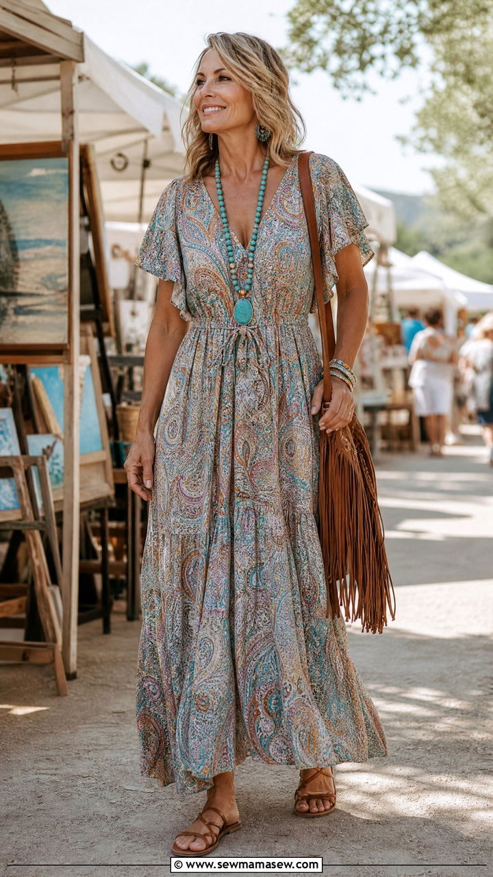 Boho Maxi Dress with Turquoise Jewelry and Flat Sandals - 30 Maxi dress for women over 50 outfit ideas