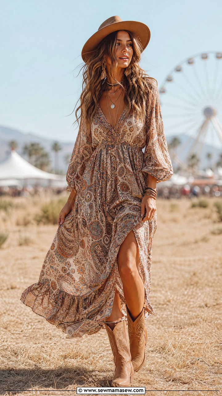 Boho Maxi Dress with Western Ankle Boots - 30 Summer outfits with ankle boots