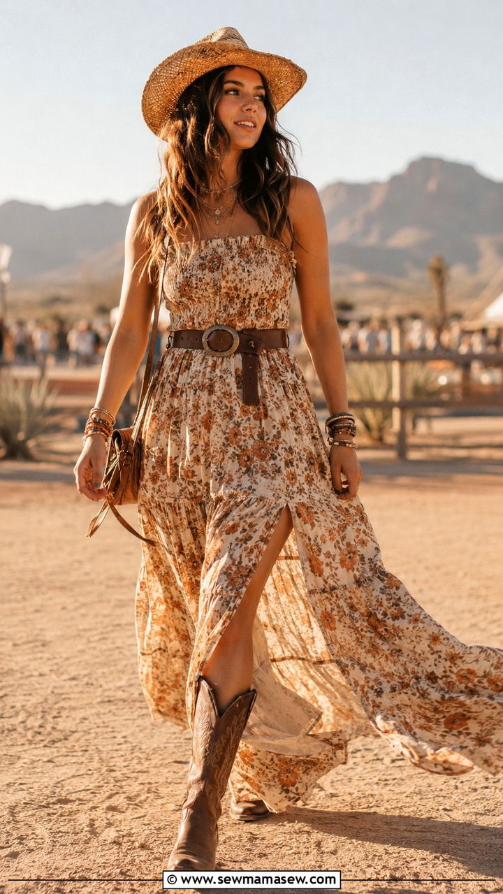 Boho Maxi Dress with Western Boots Outfit - 30 chic country concert outfits for women