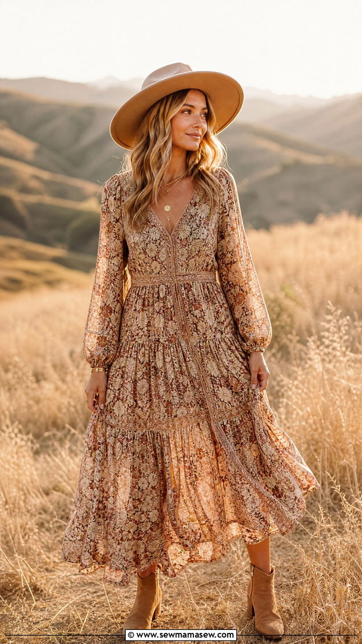 Boho Maxi Dress with Wide Brim Hat - 30 family photo outfits for women
