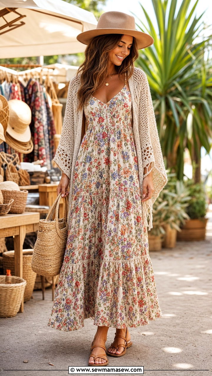 Boho Maxi Dress with Wide Brim Hat - 35 boho outfits for women