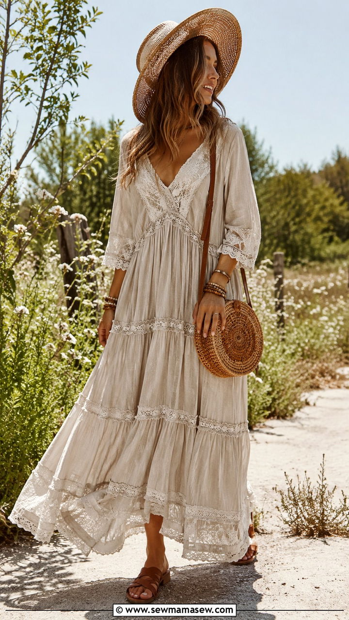 Boho Maxi Dress with Woven Accessories and Flat Sandals - 30 spring wardrobe essentials outfits