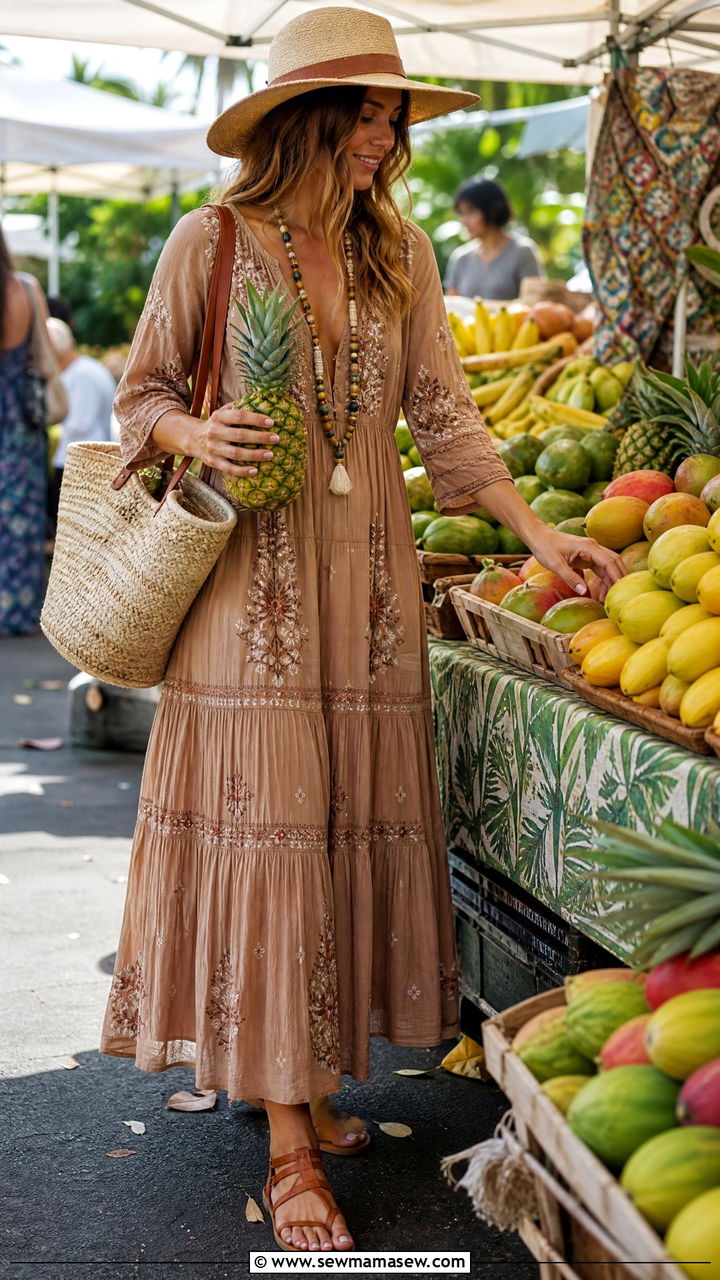 Boho Maxi Dress with Woven Tote - 35 Hawaii vacation outfits