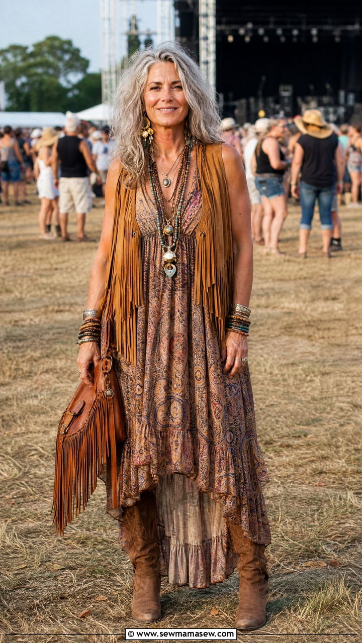Boho Maxi Dress with a Fringed Suede Vest - 30 Concert outfits for women over 50