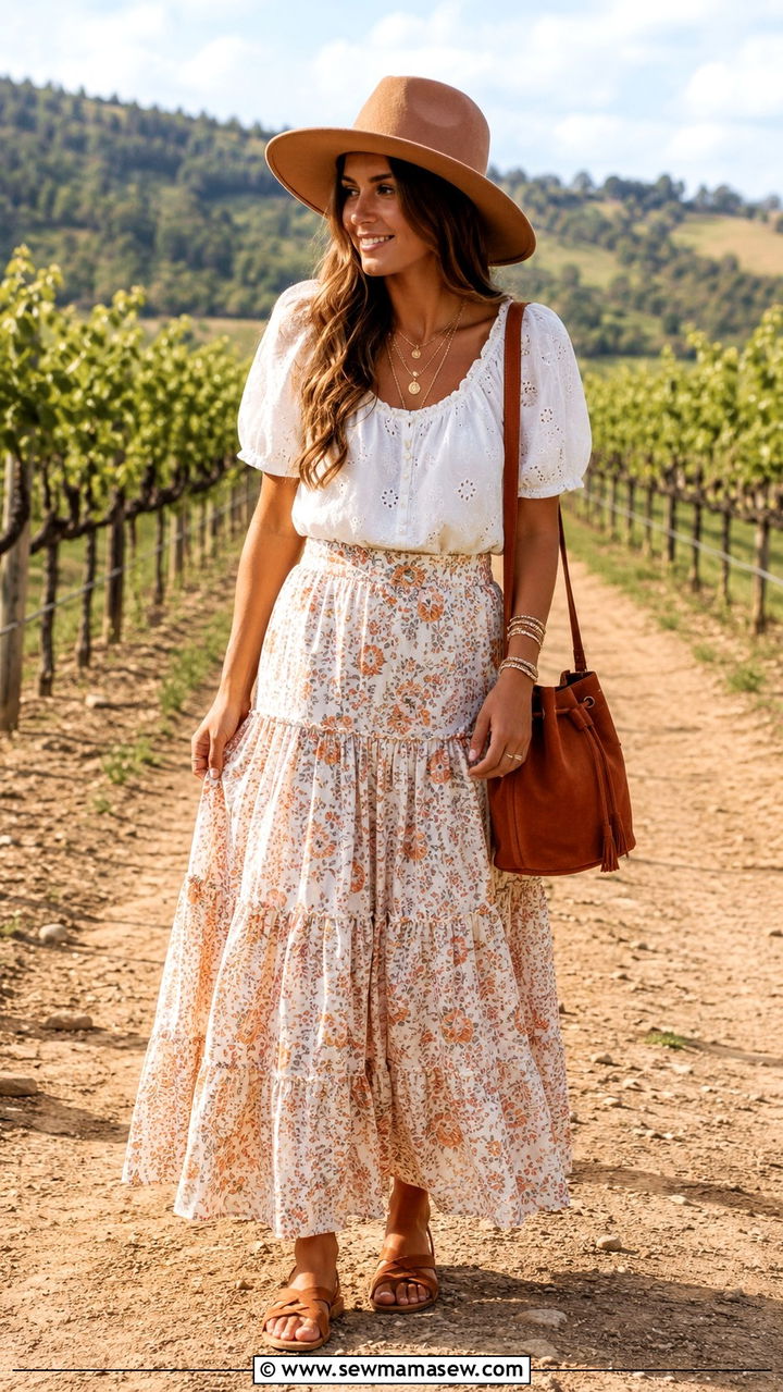 Boho Maxi Skirt And Blouse With Suede Bucket Bag - 30 Spring outfits with bags