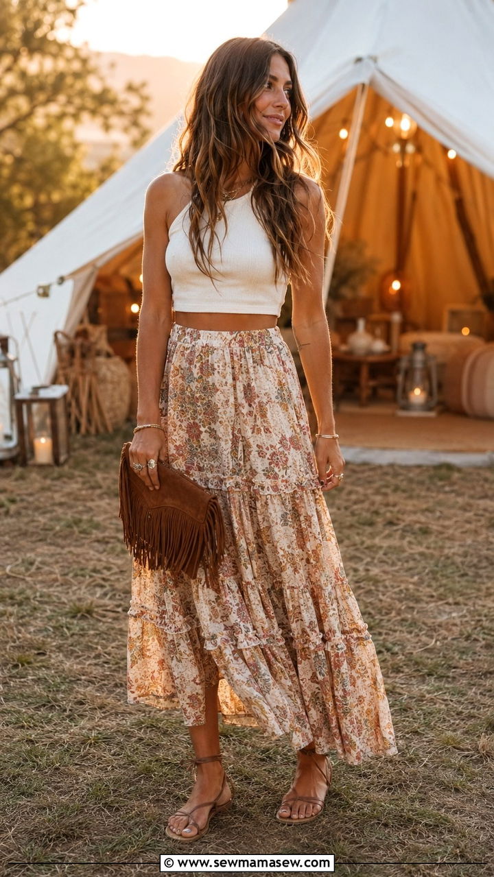 Boho Maxi Skirt And Crop Top - 30 Tent wedding guest outfit ideas
