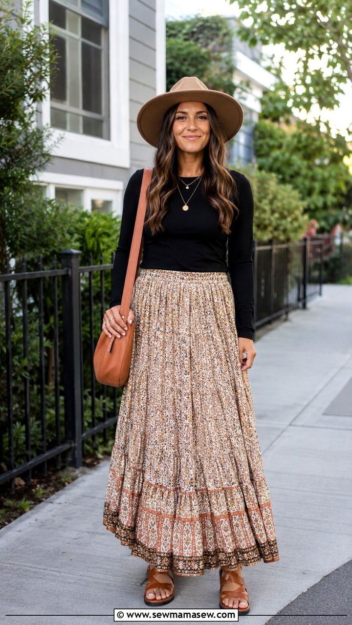 Boho Maxi Skirt With Black Top - 30 Kindergarten teacher outfit ideas