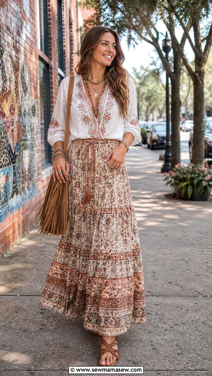 Boho Maxi Skirt With Embroidered Top And Leather Sandals - 40 Savannah outfit ideas