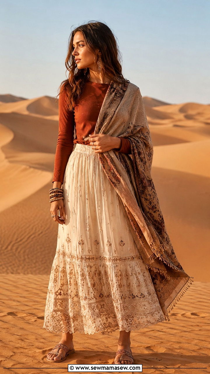 Boho Maxi Skirt With Fitted Long Sleeve Top - 25 Modest outfit ideas for desert trip