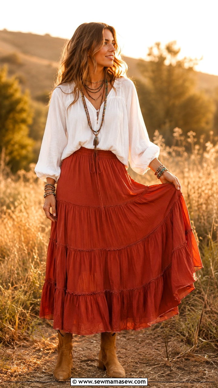Boho Maxi Skirt With Suede Ankle Boots - 30 spring boots outfit ideas