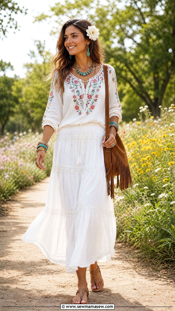 Boho Maxi Skirt and Embroidered Top Park Outfit - 30 Summer park outfits