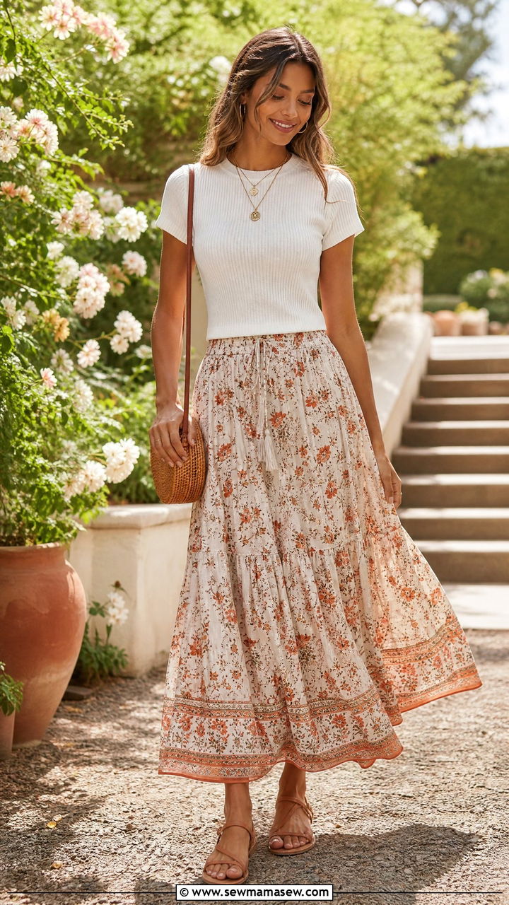 Boho Maxi Skirt and Fitted Top Outfit - 30 Fashion show outfit ideas