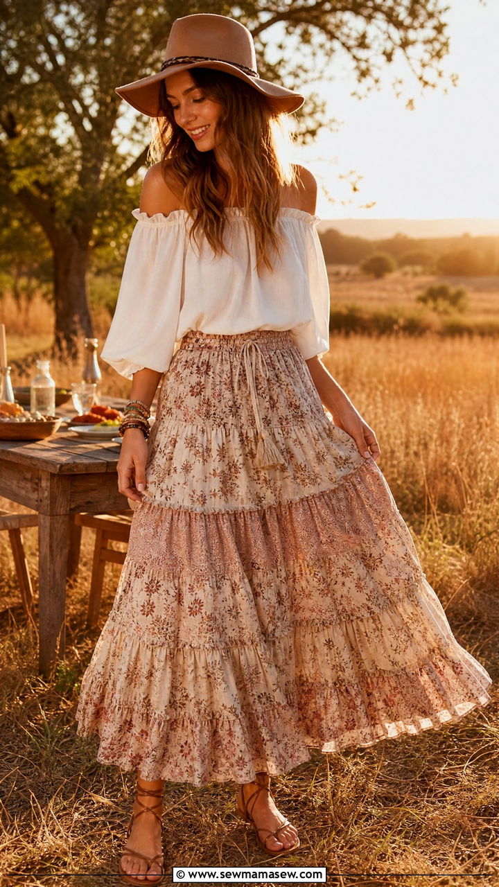 Boho Maxi Skirt and Off Shoulder Top - 30 Summer BBQ outfits