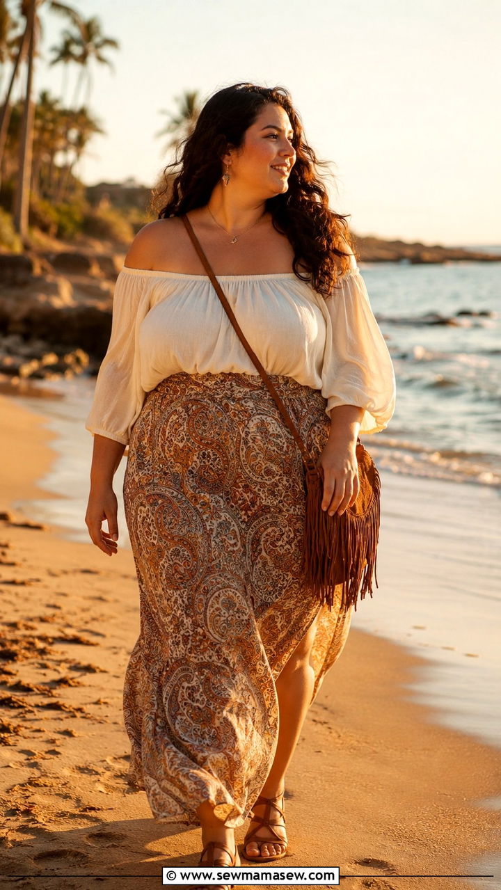 Boho Maxi Skirt with Off Shoulder Top - 25 Vacation outfit ideas plus size women