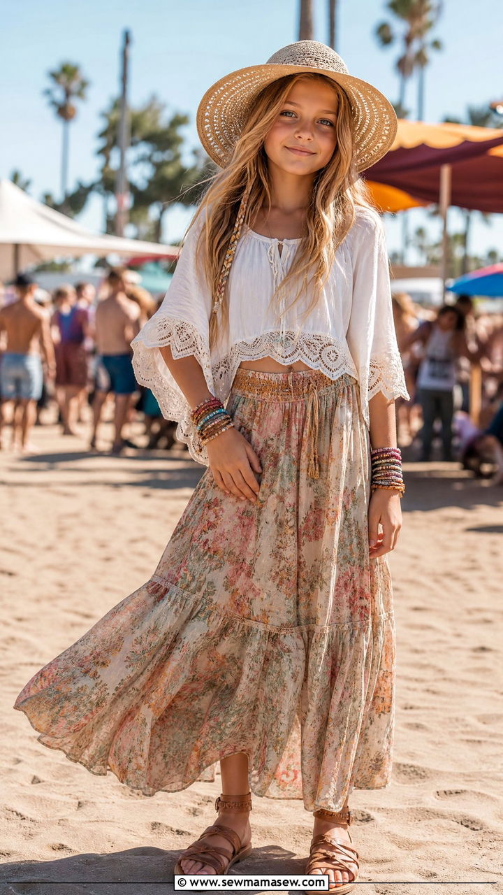 Boho Maxi Skirt with Peasant Top and Sandals - 25 Tween outfit ideas for 10 year olds