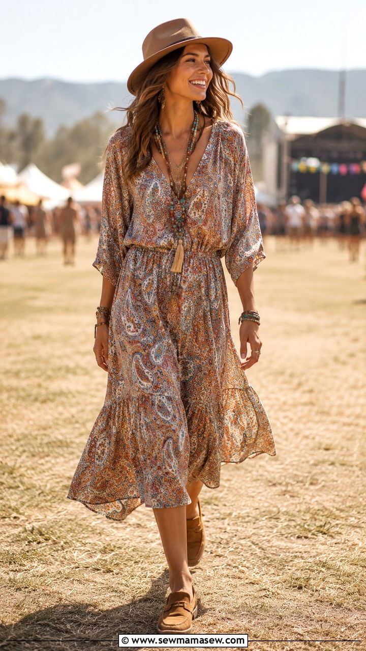 Boho Midi Dress and Suede Loafers - 25 Midi dress with loafers outfit ideas