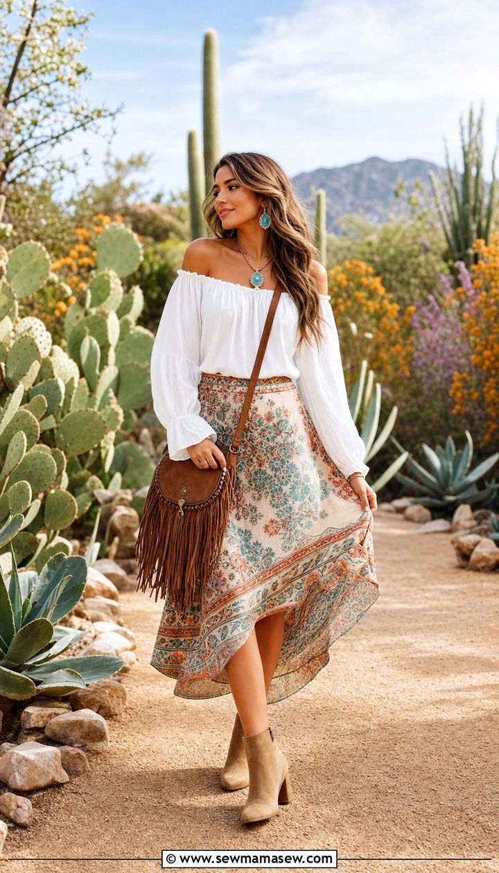 Boho Midi Skirt Off Shoulder Top Desert - 25 Spring desert outfits