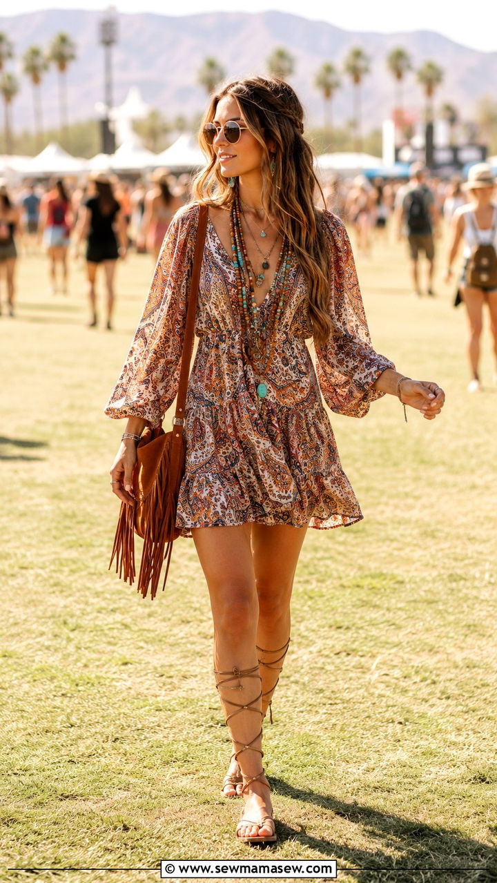 Boho Mini Dress With Flat Gladiator Sandals - 30 Mini dress outfit ideas summer