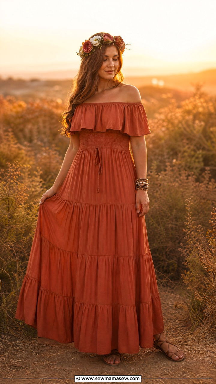Boho Off Shoulder Dress Anniversary Photoshoot - 20 First anniversary photo outfit ideas