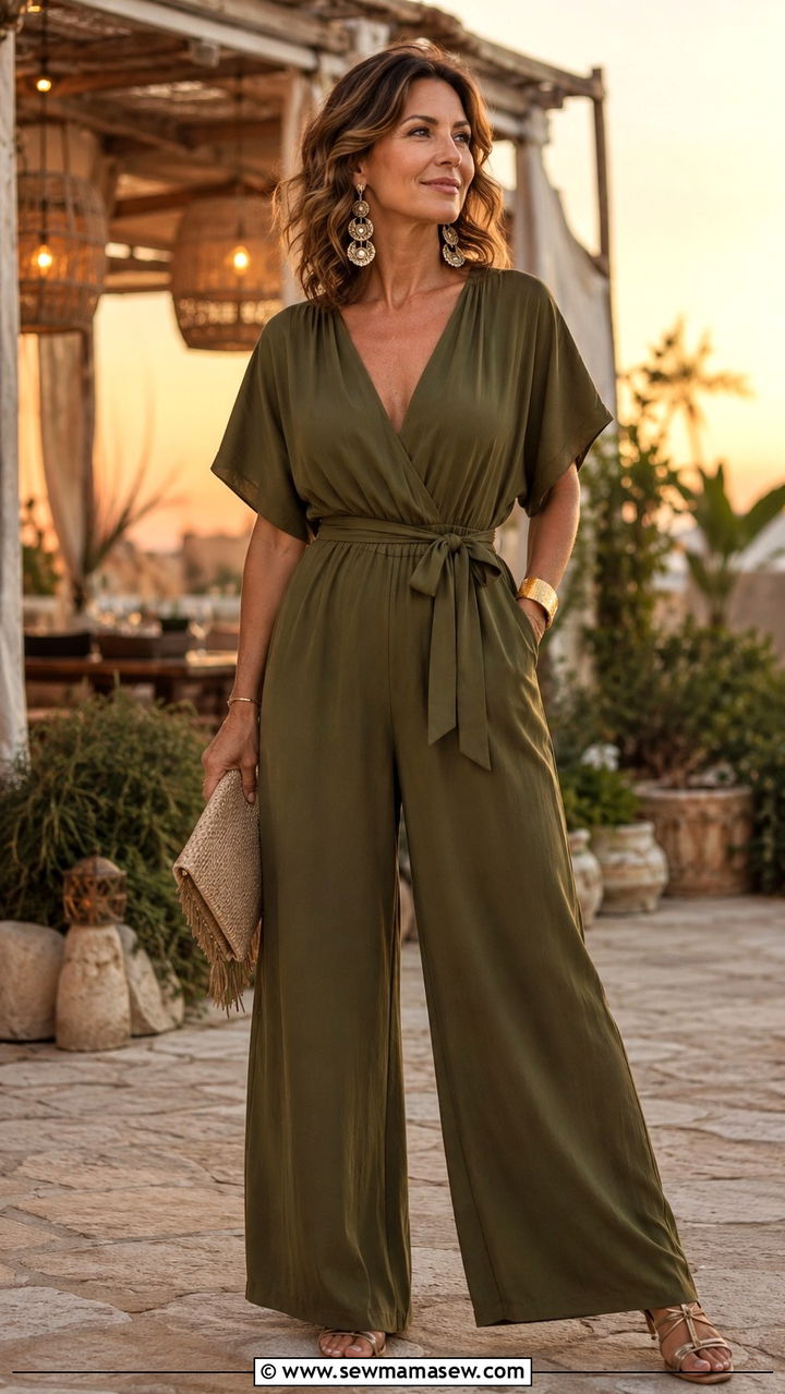 Boho Palazzo Jumpsuit and Statement Earrings - 30 boho chic outfit ideas for women over 40
