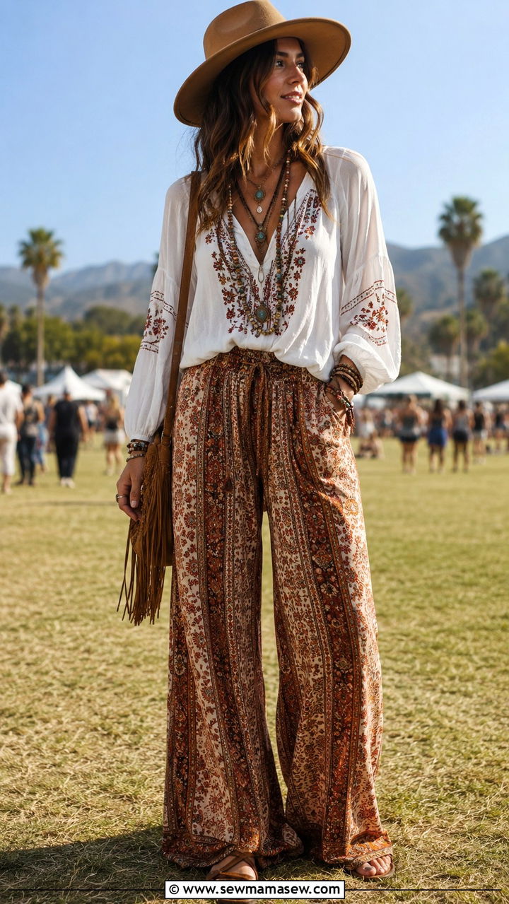 Boho Palazzo Pants with Flowy Blouse - 30 how to style palazzo pants